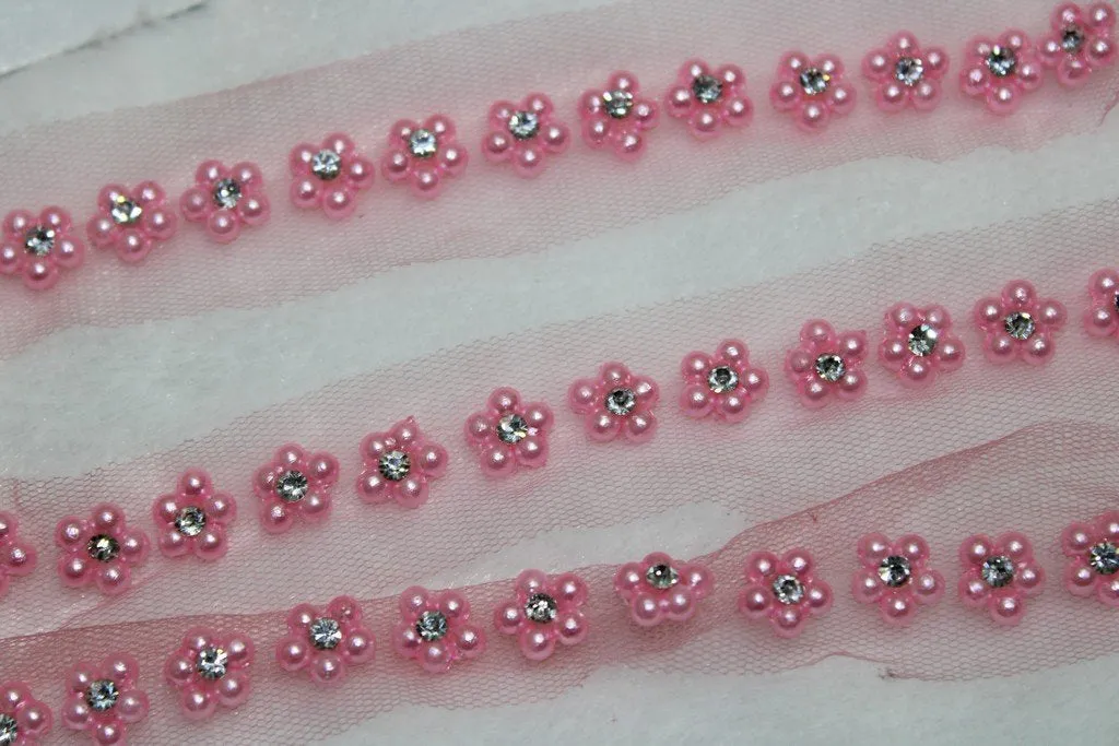 Pink Floral Handwork Pearl Work Embroidered Border