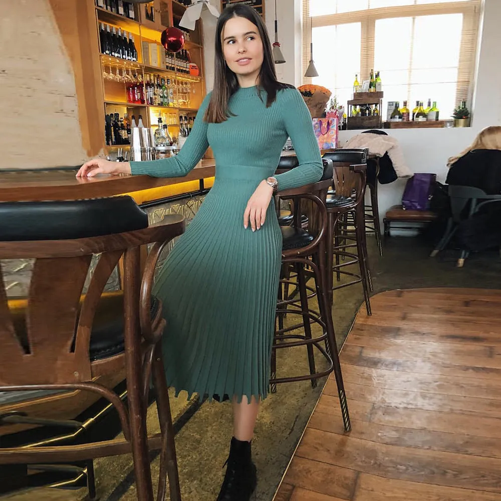 Plain High Waist Long Sleeve Pleated Dress