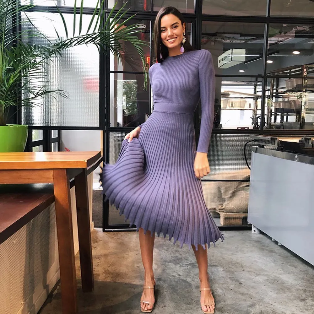Plain High Waist Long Sleeve Pleated Dress