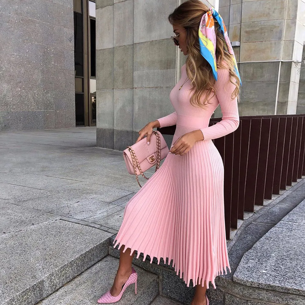 Plain High Waist Long Sleeve Pleated Dress