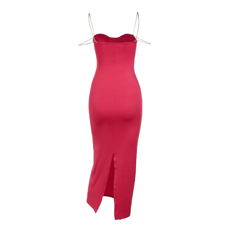 Pleated Chain Shoulder Slim-fit Dress