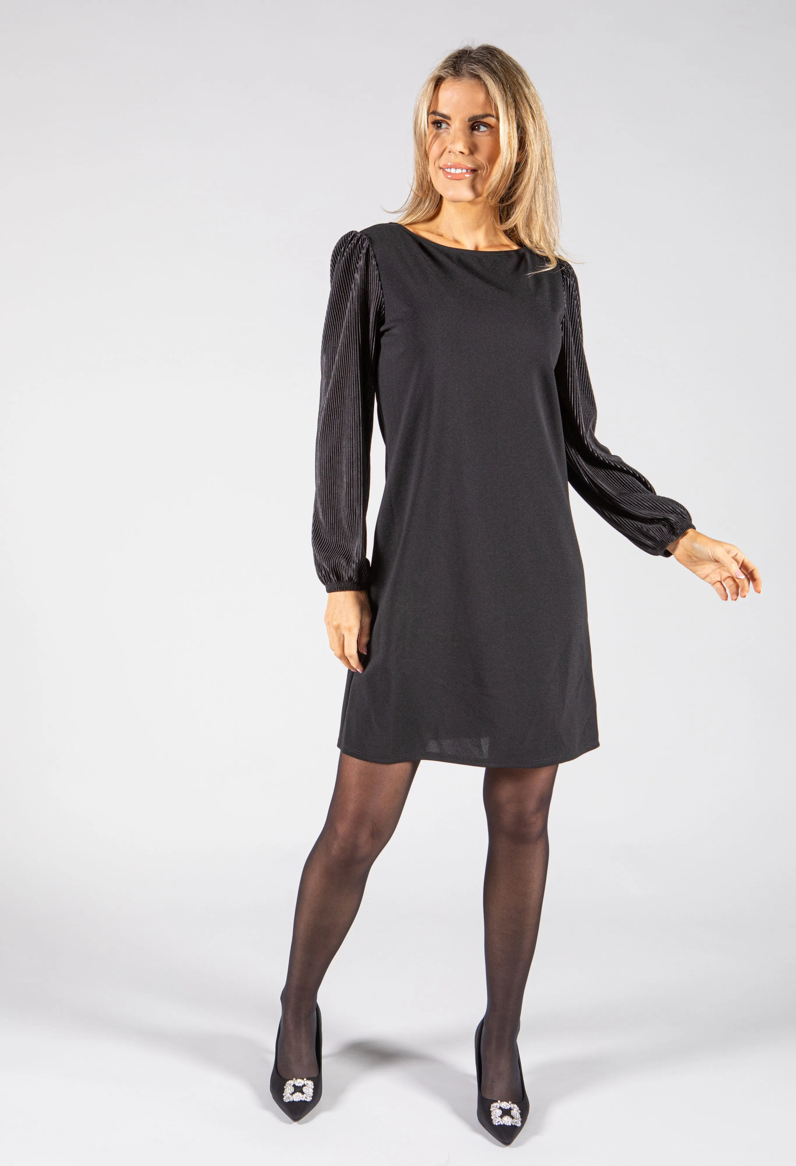 Pleated Sleeve Black Dress