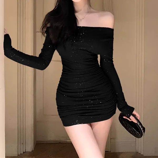 Pleated Slim High Waist Long Sleeve Tube Dress