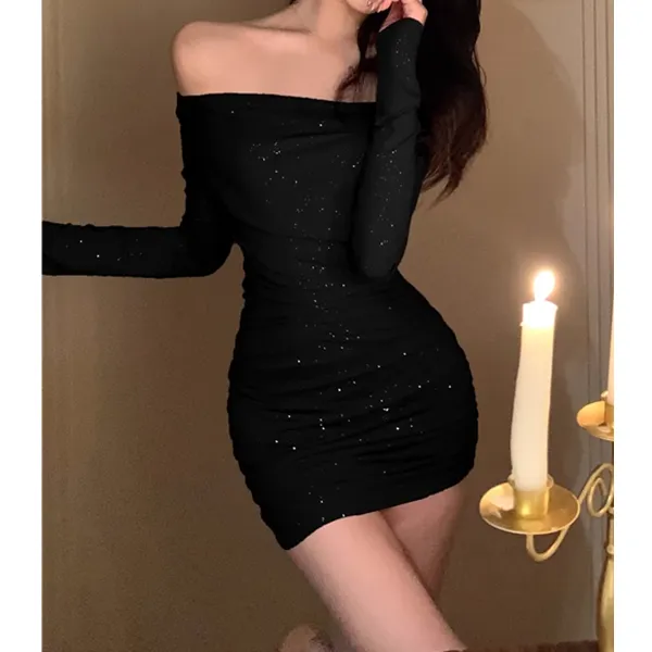 Pleated Slim High Waist Long Sleeve Tube Dress