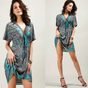 Plus Size Floral Print V Neck Draw String Beach Dress