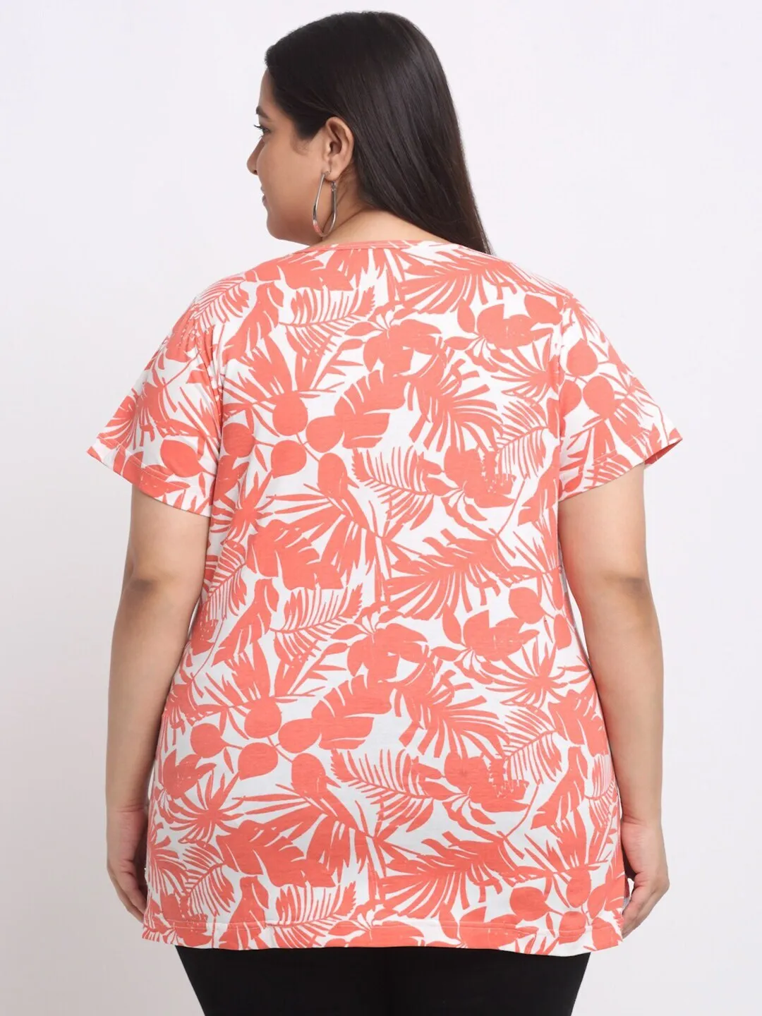 plusS Plus Size Coral Floral Printed Longline Cotton T-shirt