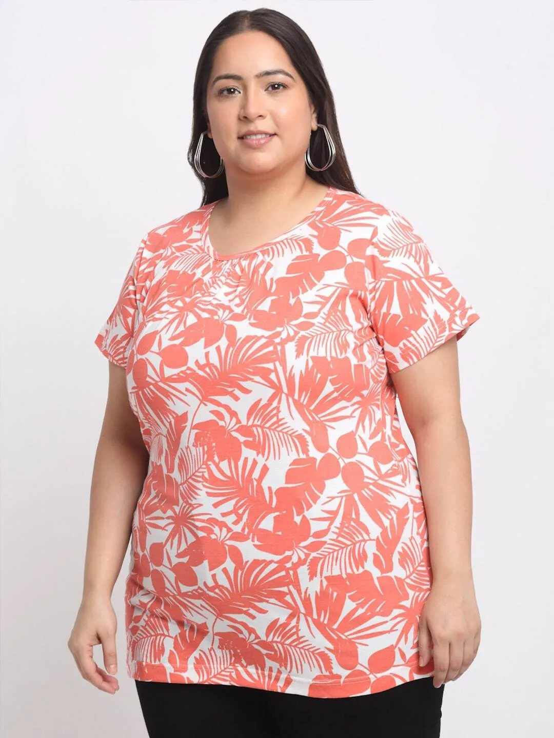 plusS Plus Size Coral Floral Printed Longline Cotton T-shirt