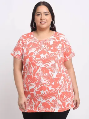 plusS Plus Size Coral Floral Printed Longline Cotton T-shirt