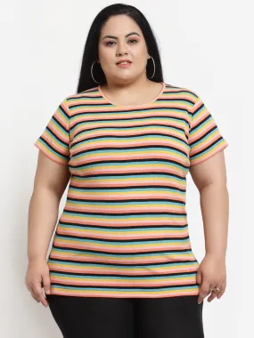 plusS Plus Size Women Multicoloured Striped Cotton T-shirt