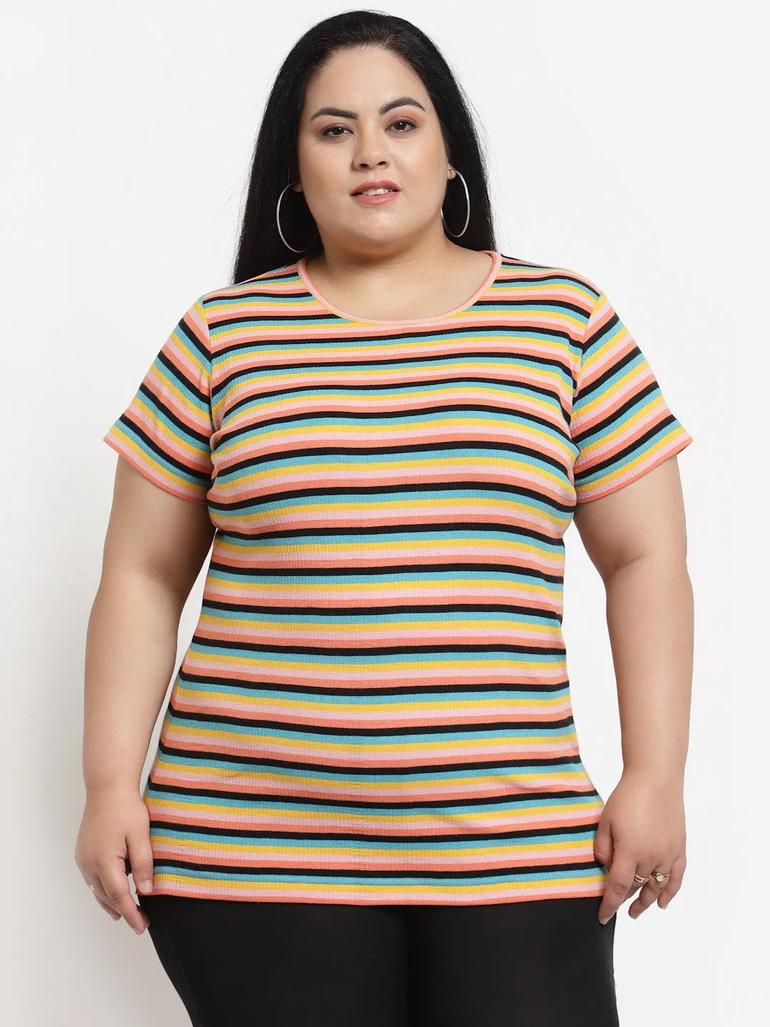 plusS Plus Size Women Multicoloured Striped Cotton T-shirt