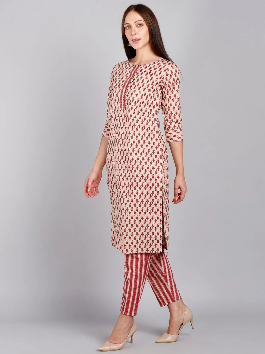Pure Cotton Floral, Striped Print Kurta and Pant Set - Ivory