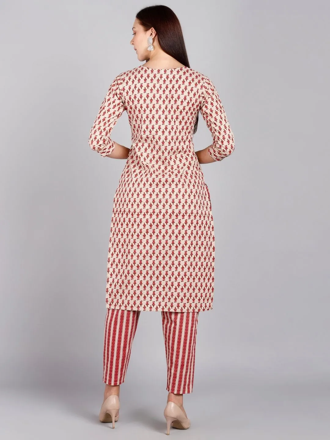 Pure Cotton Floral, Striped Print Kurta and Pant Set - Ivory