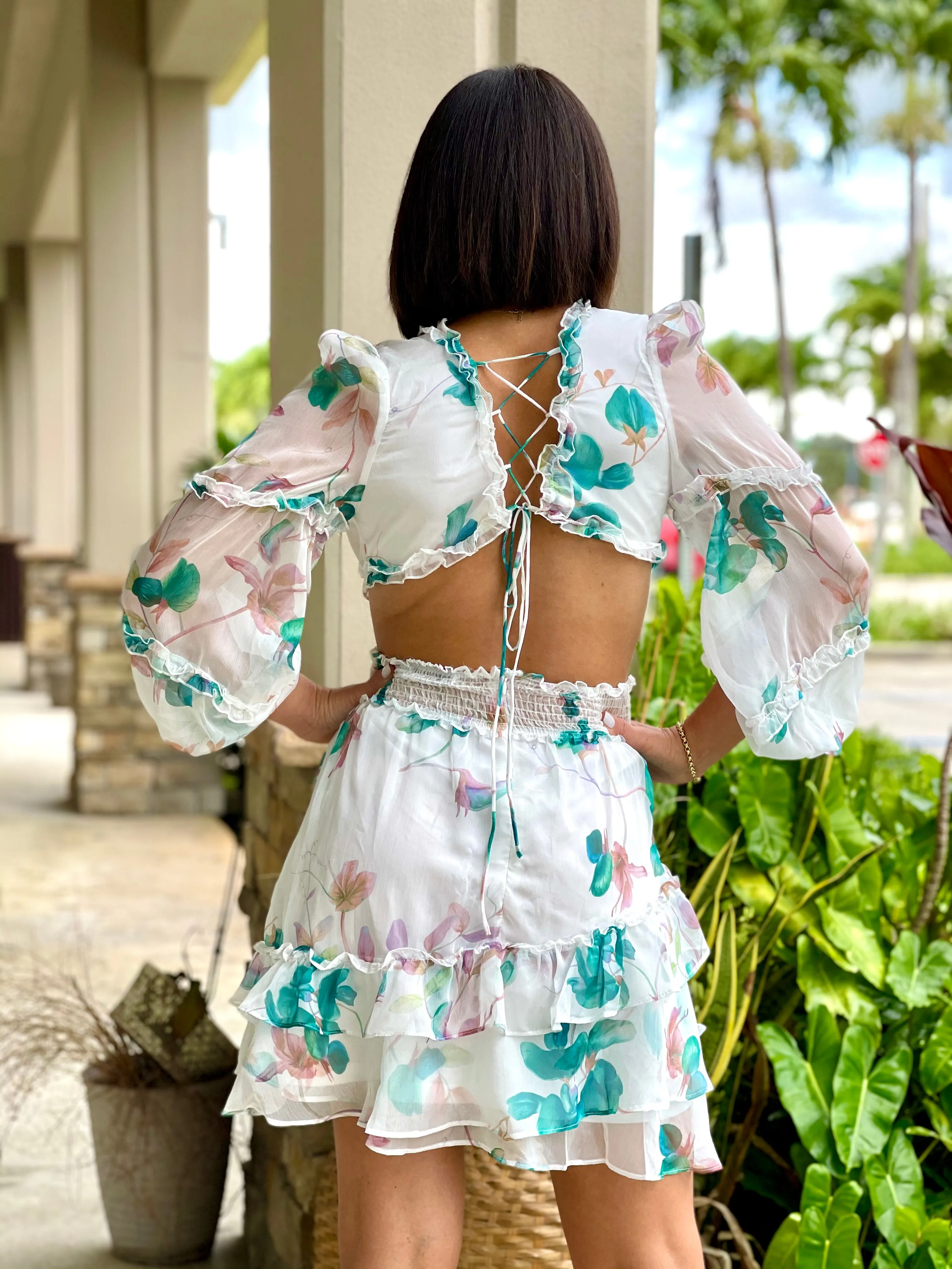 "Perla" Lace Floral Printed Dress with Ruffle Details