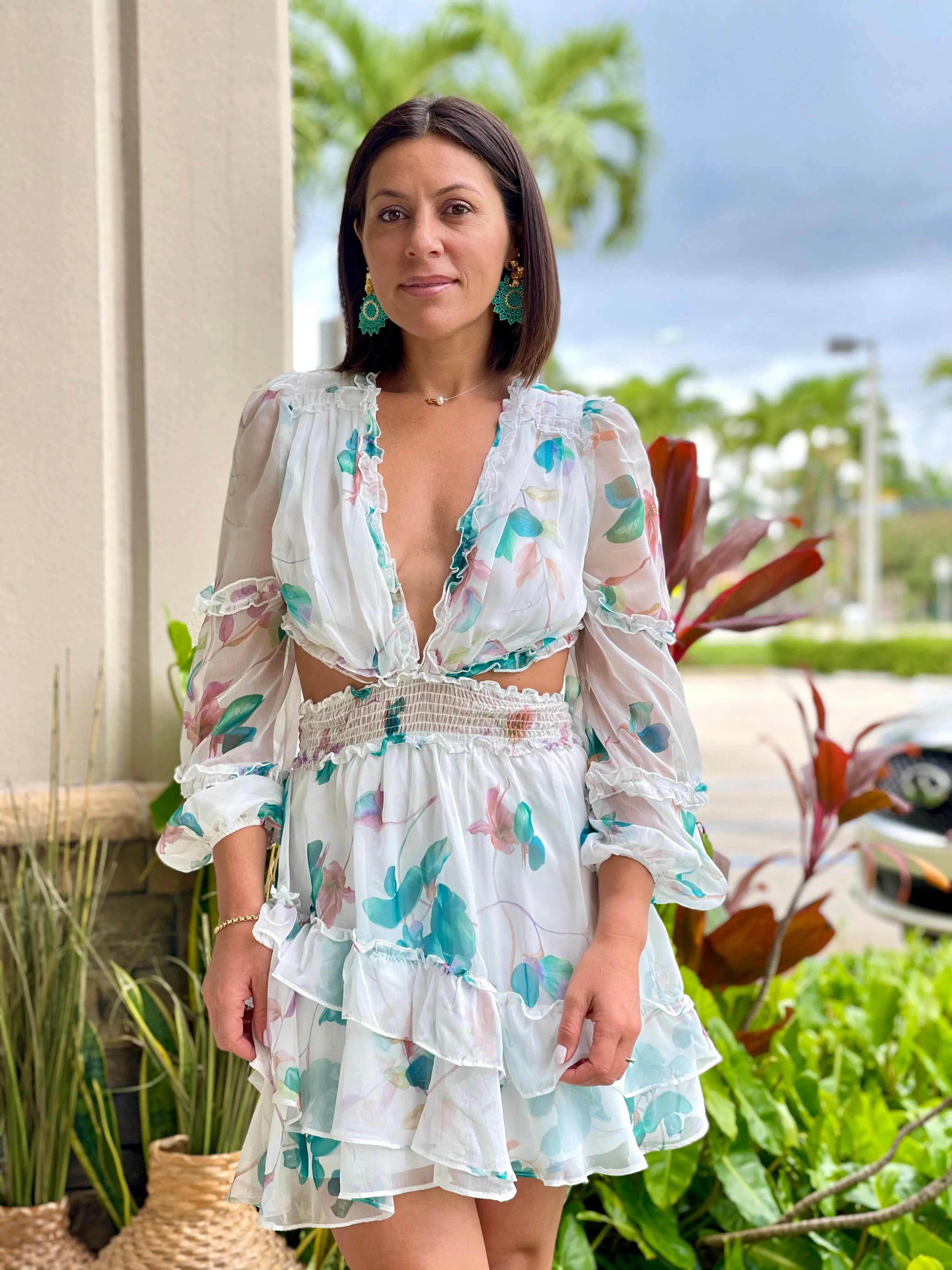 "Perla" Lace Floral Printed Dress with Ruffle Details