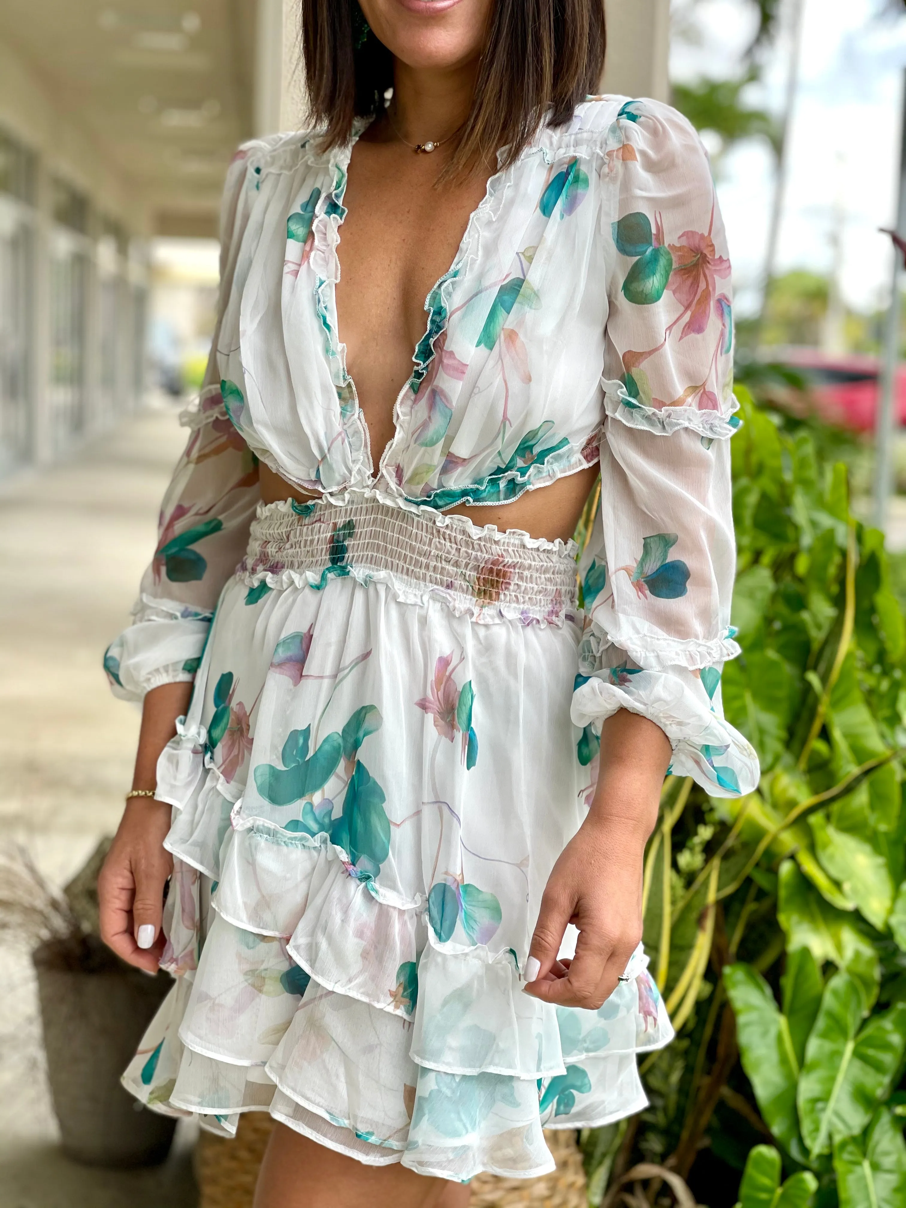 "Perla" Lace Floral Printed Dress with Ruffle Details