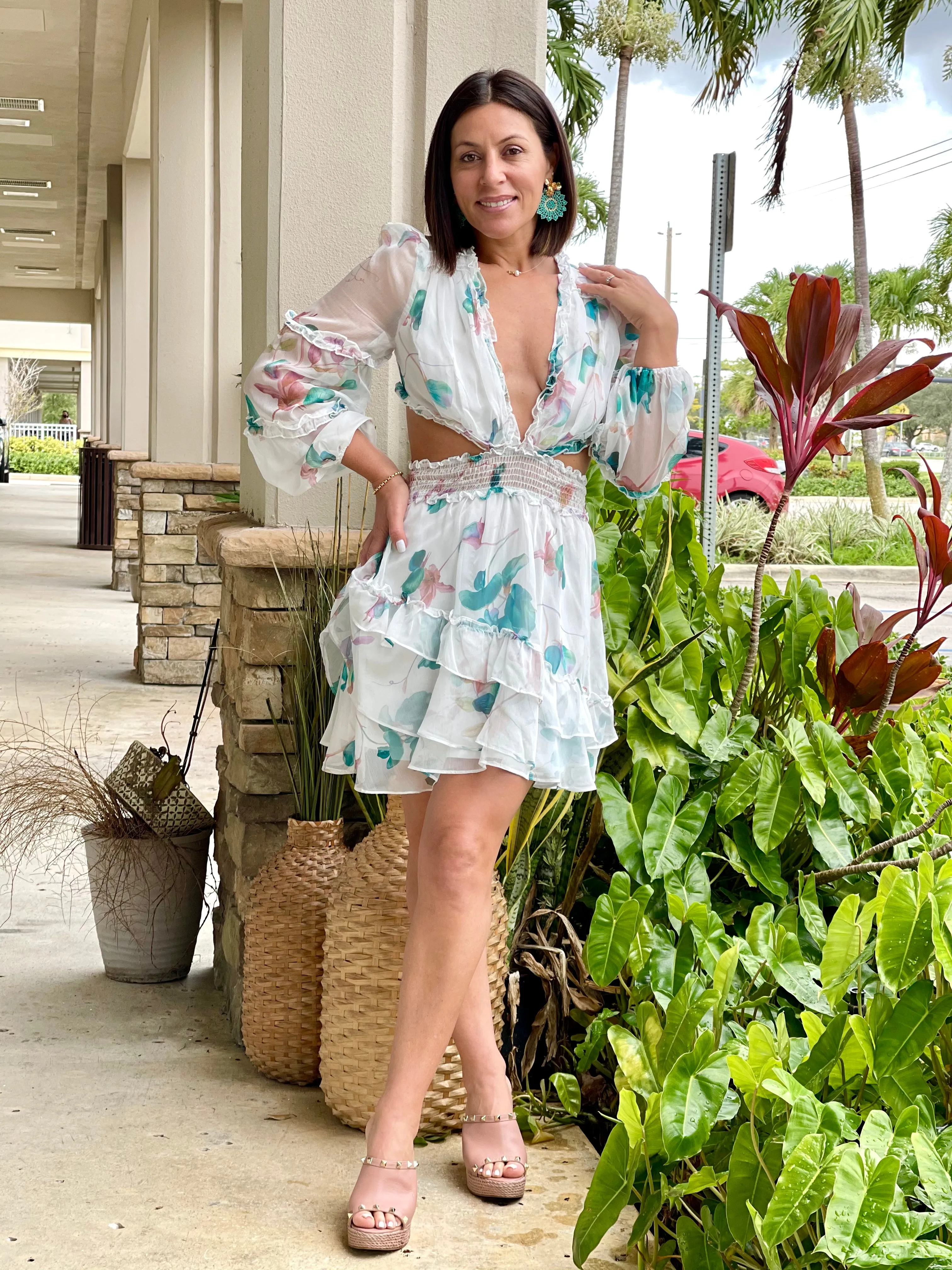 "Perla" Lace Floral Printed Dress with Ruffle Details