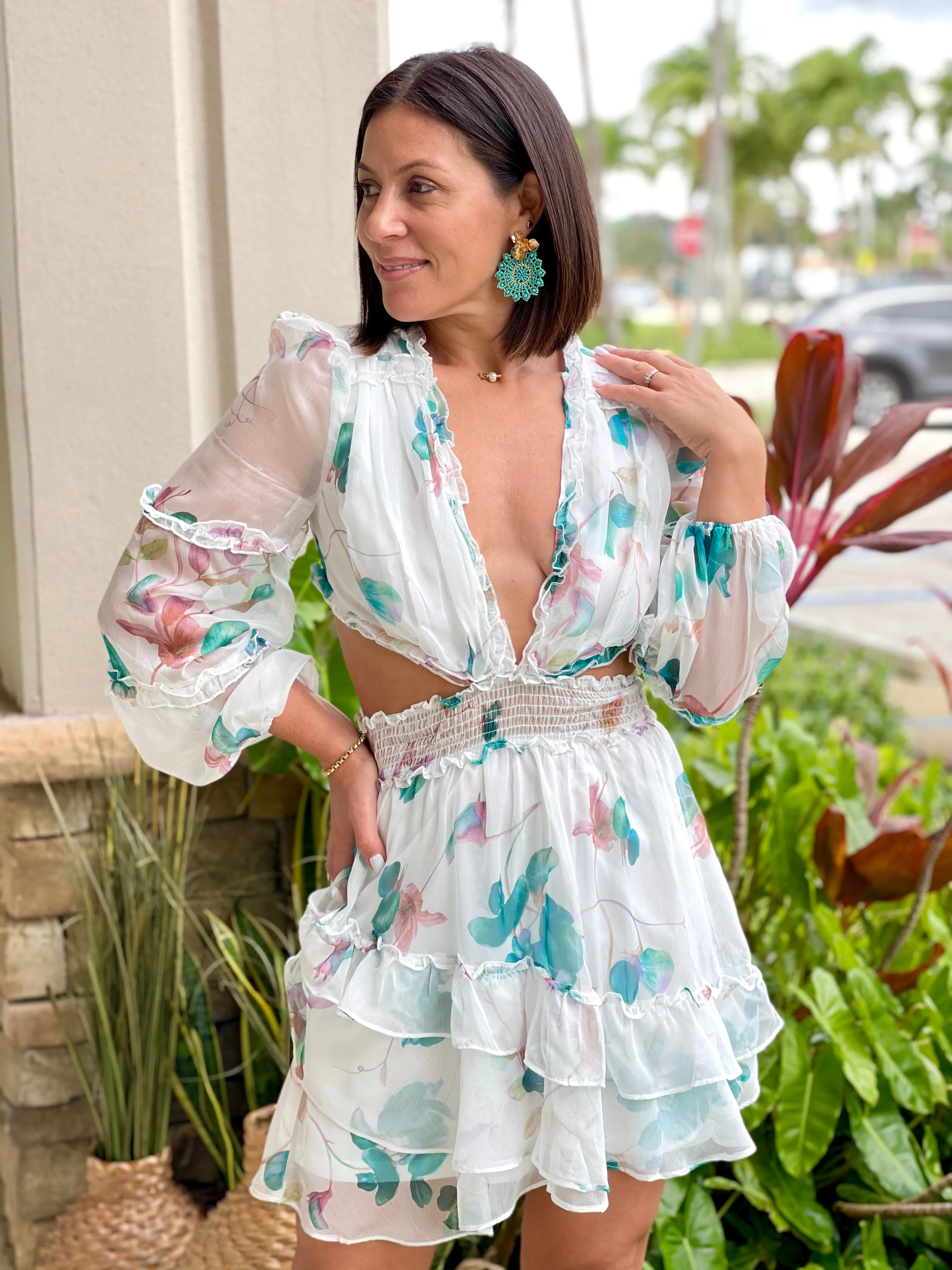 "Perla" Lace Floral Printed Dress with Ruffle Details