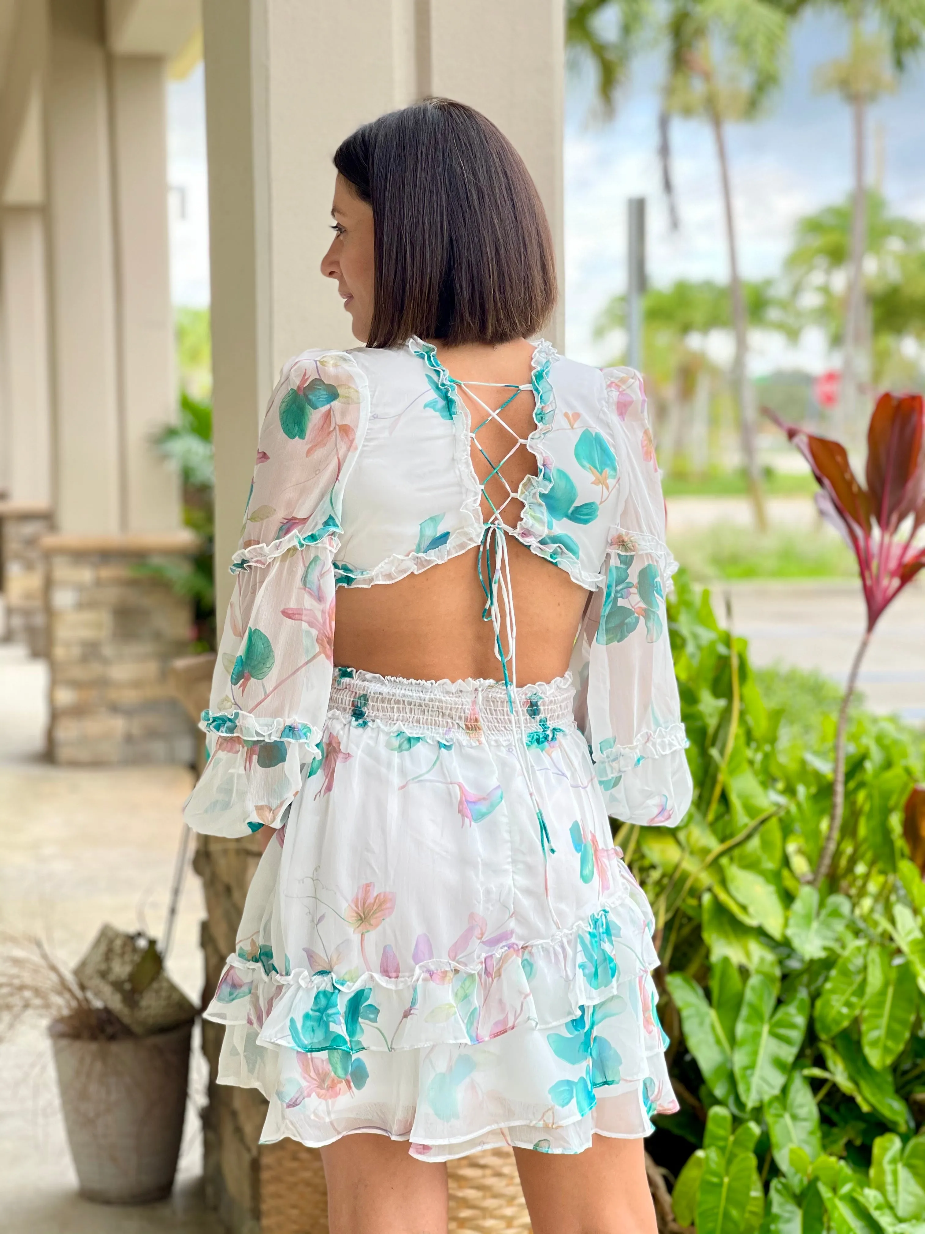 "Perla" Lace Floral Printed Dress with Ruffle Details