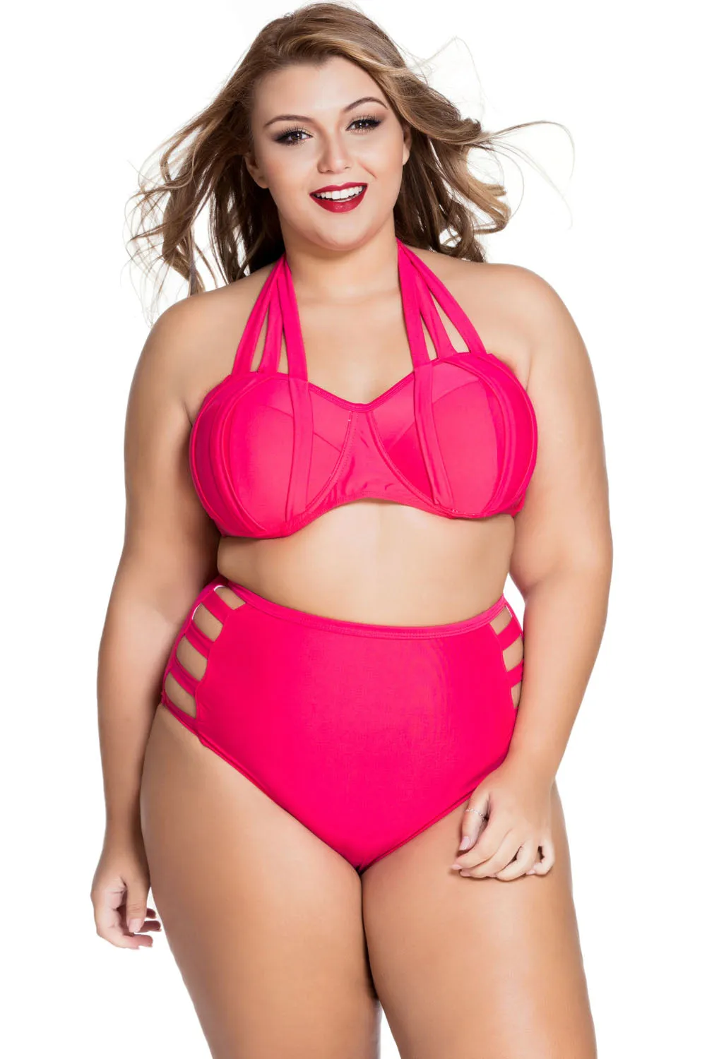 Red Strappy Splice Plus High-waisted Swimwear