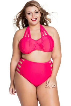 Red Strappy Splice Plus High-waisted Swimwear