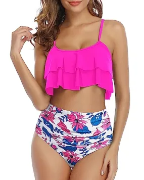Ruffle Two Piece High Waisted Swimsuits