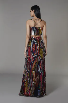 Saaksha & KinniÂ    I   Afghani print cape

Navy blue mix booti bustier

Navy blue mix booti pleated skirt"

 Cape - Chiffon / Organza

Bustier - Chiffon

Skirt - Chiffon Multi SS22098

  SS22113

  SS22114