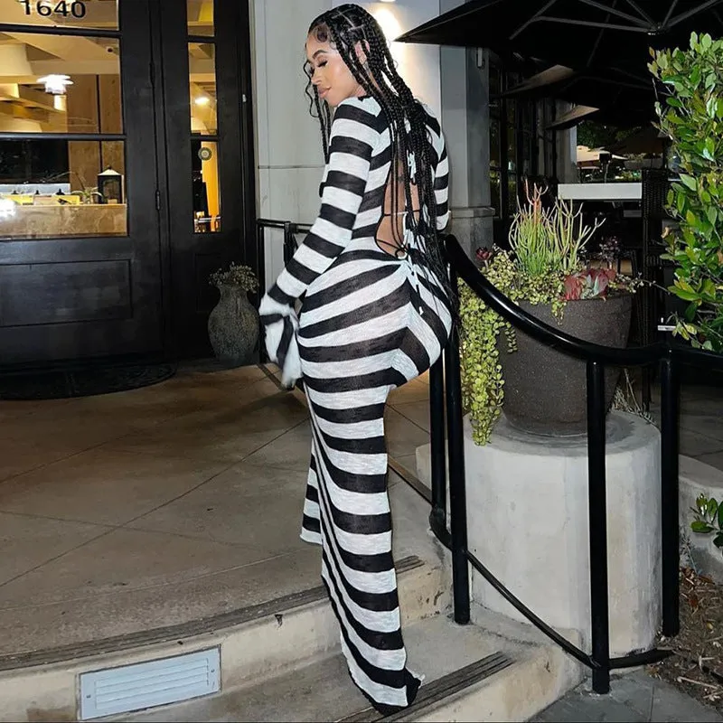 Seductive Long-Sleeve Striped Floral Dress