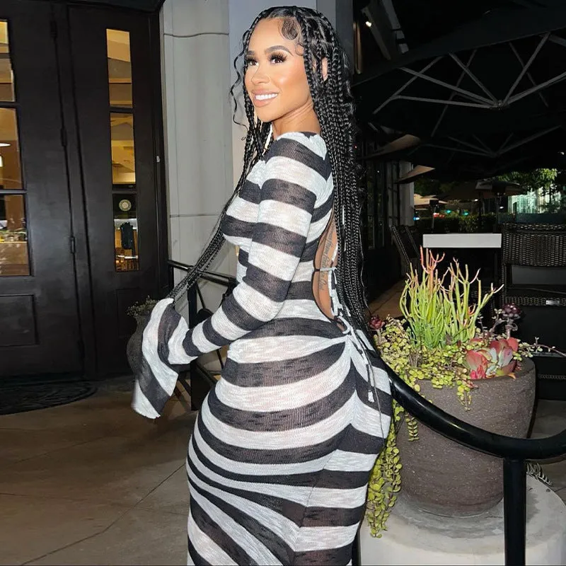 Seductive Long-Sleeve Striped Floral Dress