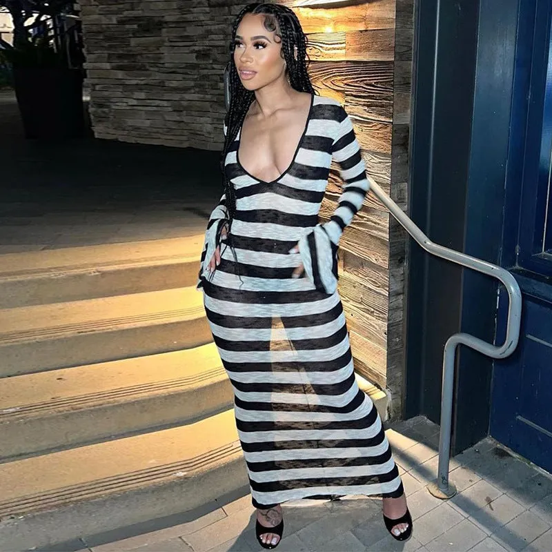 Seductive Long-Sleeve Striped Floral Dress