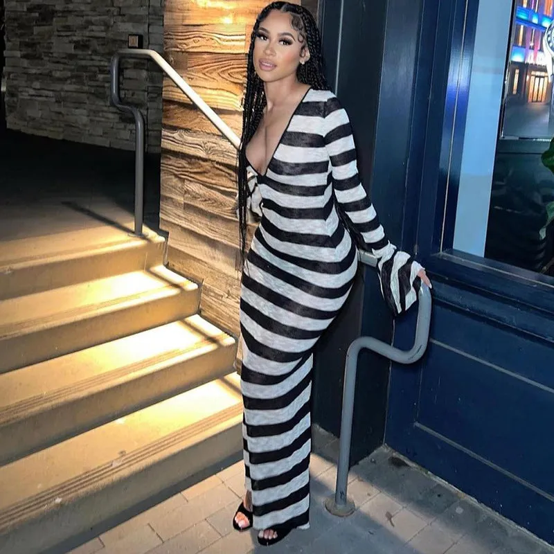 Seductive Long-Sleeve Striped Floral Dress