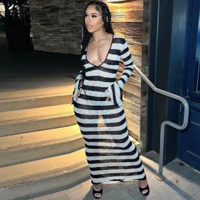 Seductive Long-Sleeve Striped Floral Dress