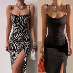 Seductive Strappy Ruched Side-Slit Maxi Dress