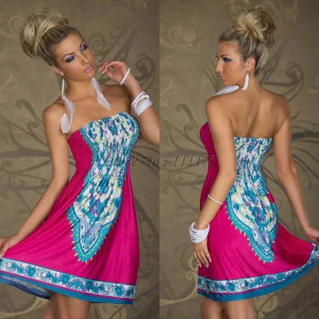 Sexy Strapless Floral Print Pleated Short Beach Dress
