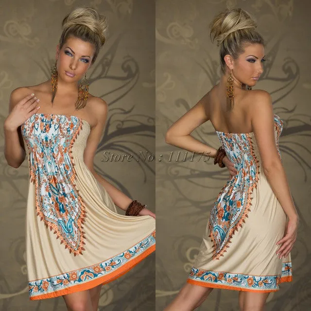 Sexy Strapless Floral Print Pleated Short Beach Dress