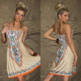 Sexy Strapless Floral Print Pleated Short Beach Dress