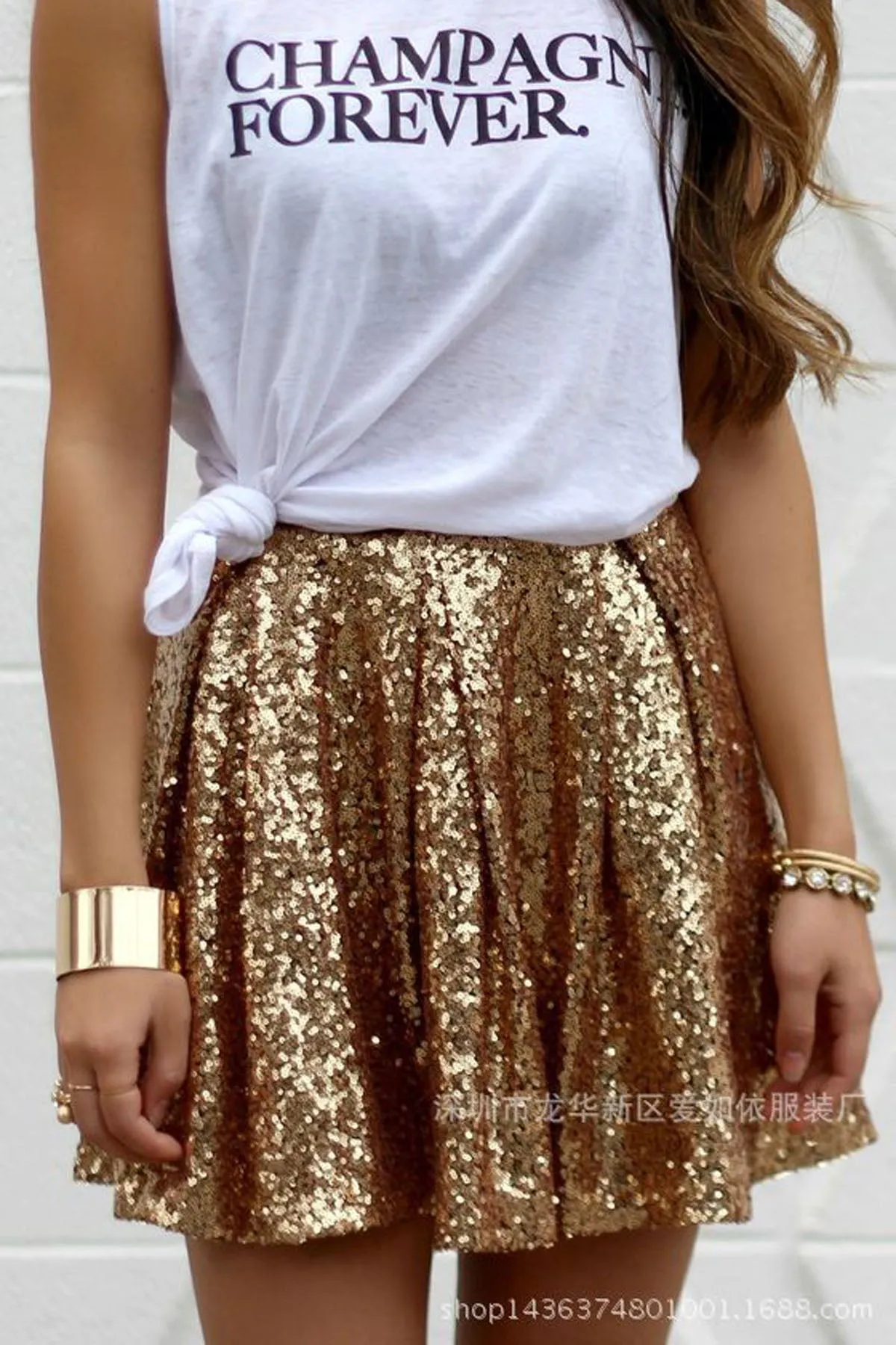 Shinning Golden Sequins Pleated Loose Short Skirt