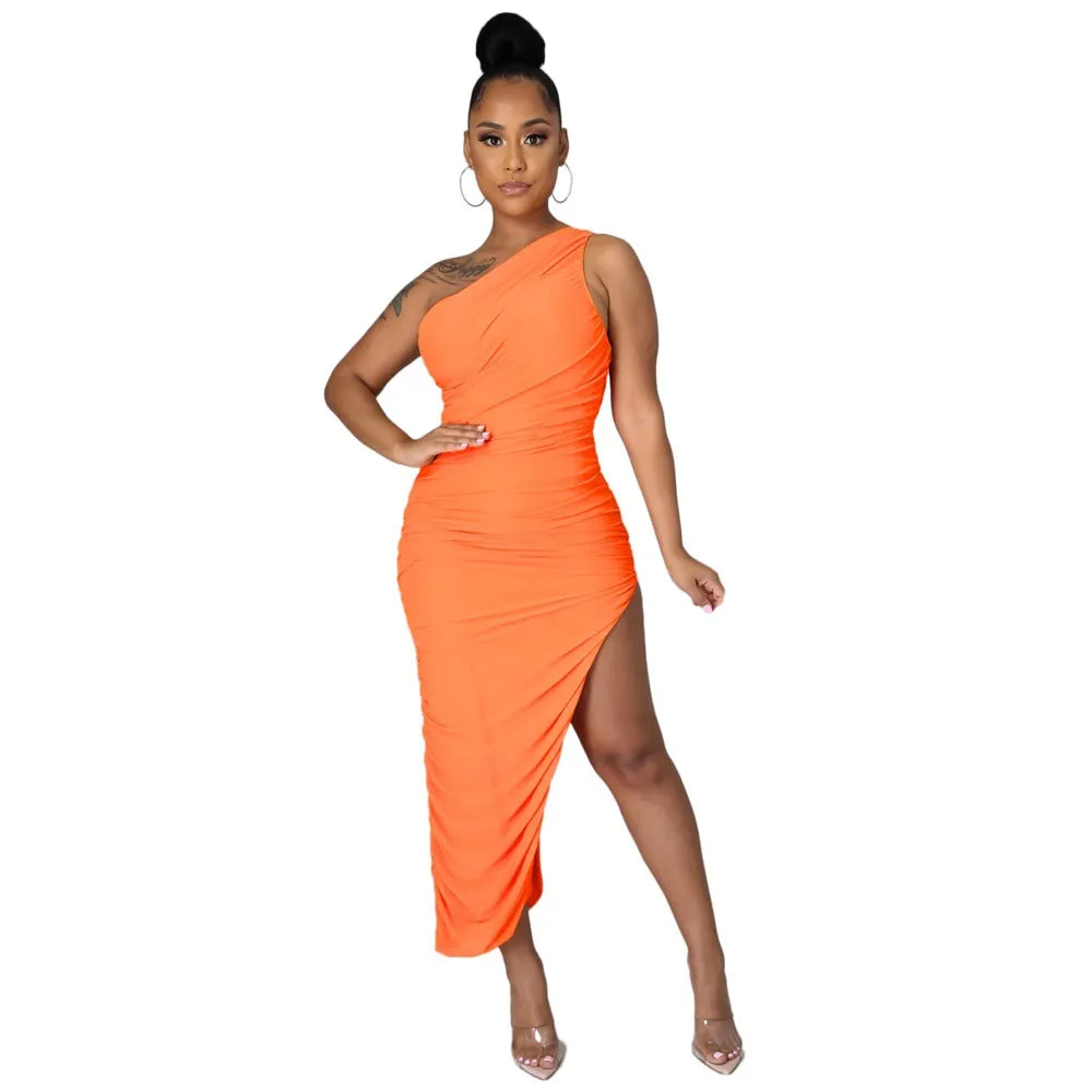Sleek Solid Color Pleated Women's Dress