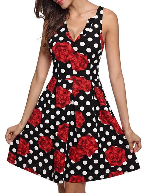 Sleeveless Backless Floral Print Pleated Dress