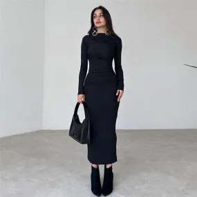Slim Fit Bodycon Long Pleated Dress