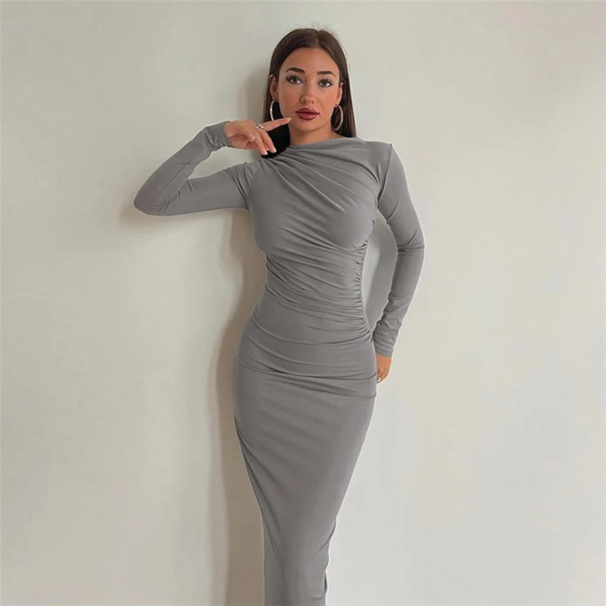 Slim Fit Bodycon Long Pleated Dress