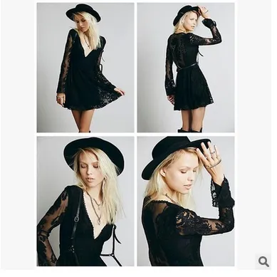 Slim V-neck Lace Long Sleeve Short Dress