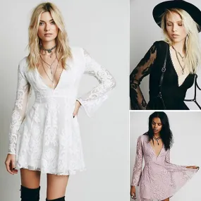 Slim V-neck Lace Long Sleeve Short Dress