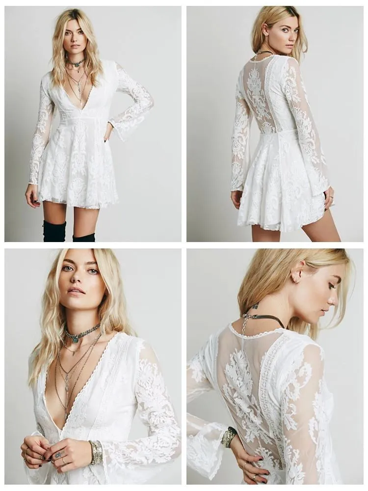Slim V-neck Lace Long Sleeve Short Dress