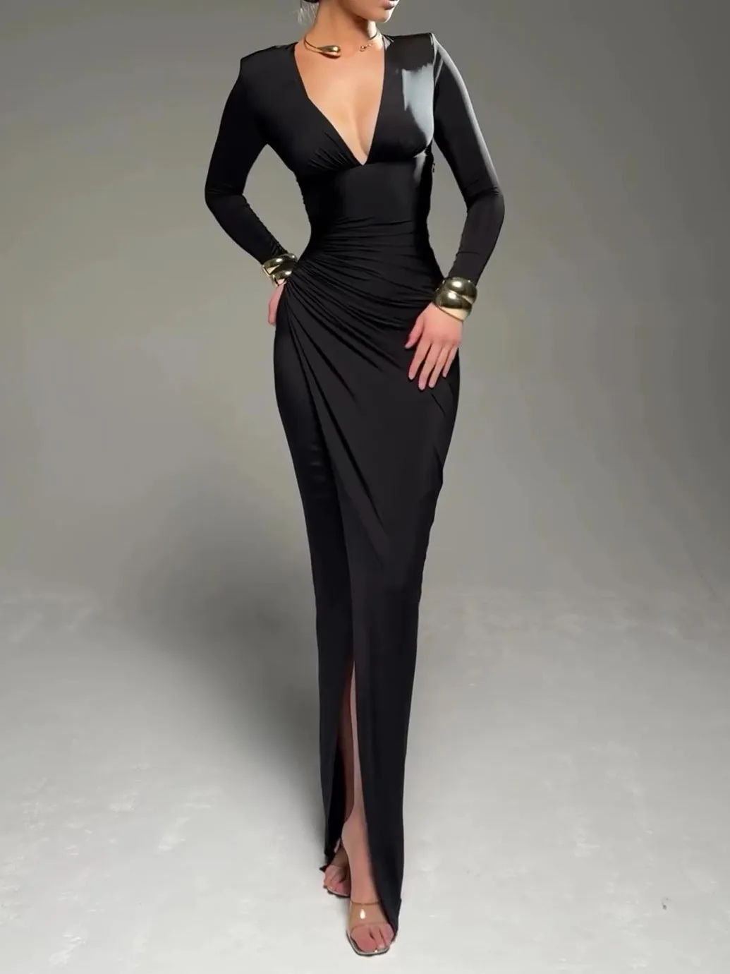 Solid Color Long Sleeve Deep V Pleated Dress, lioness-love