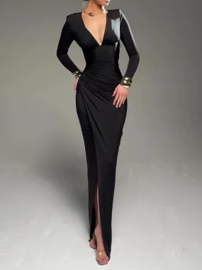 Solid Color Long Sleeve Deep V Pleated Dress, lioness-love
