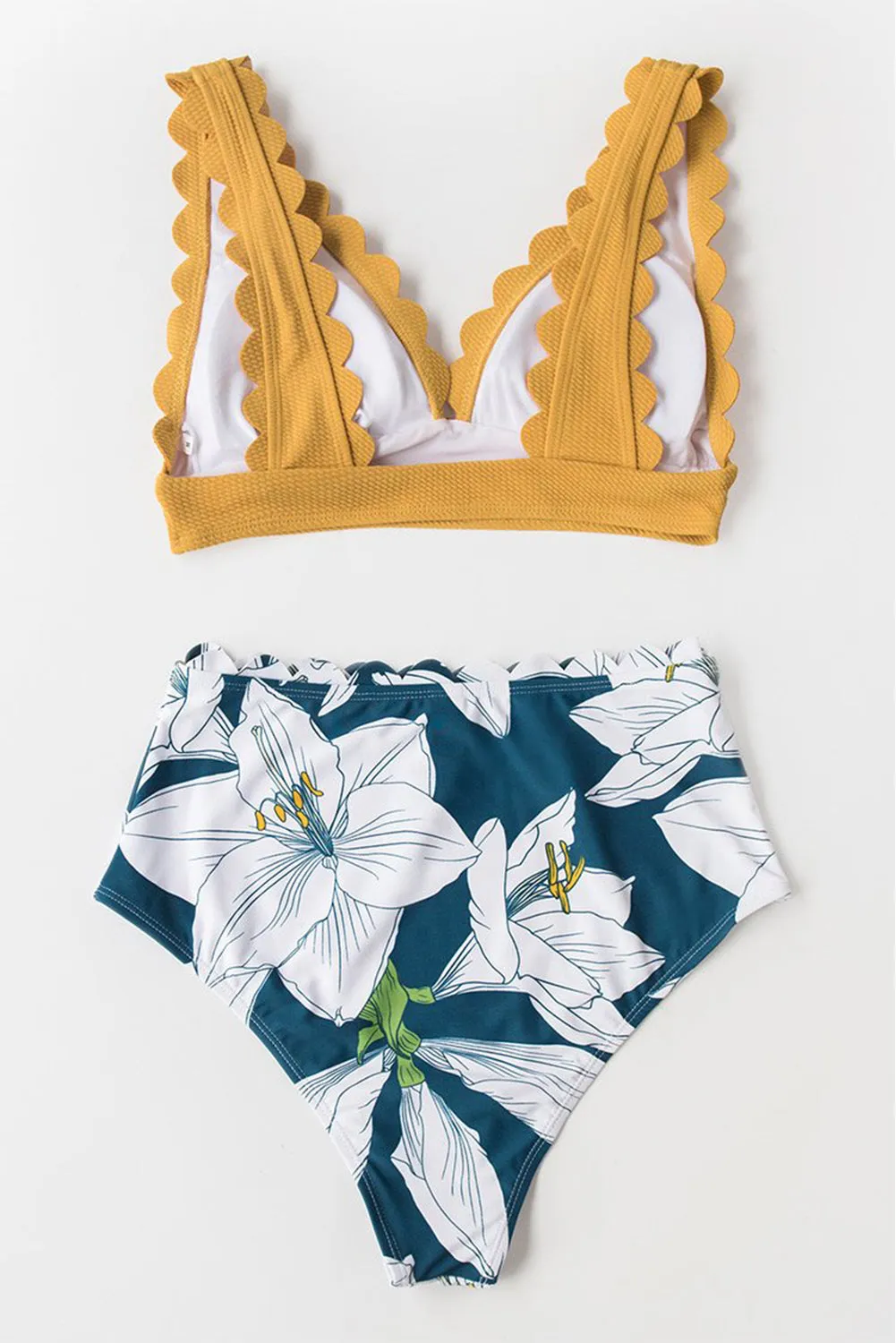 Solid V-Neck Top and Floral Panty Scalloped High Waist Bikini
