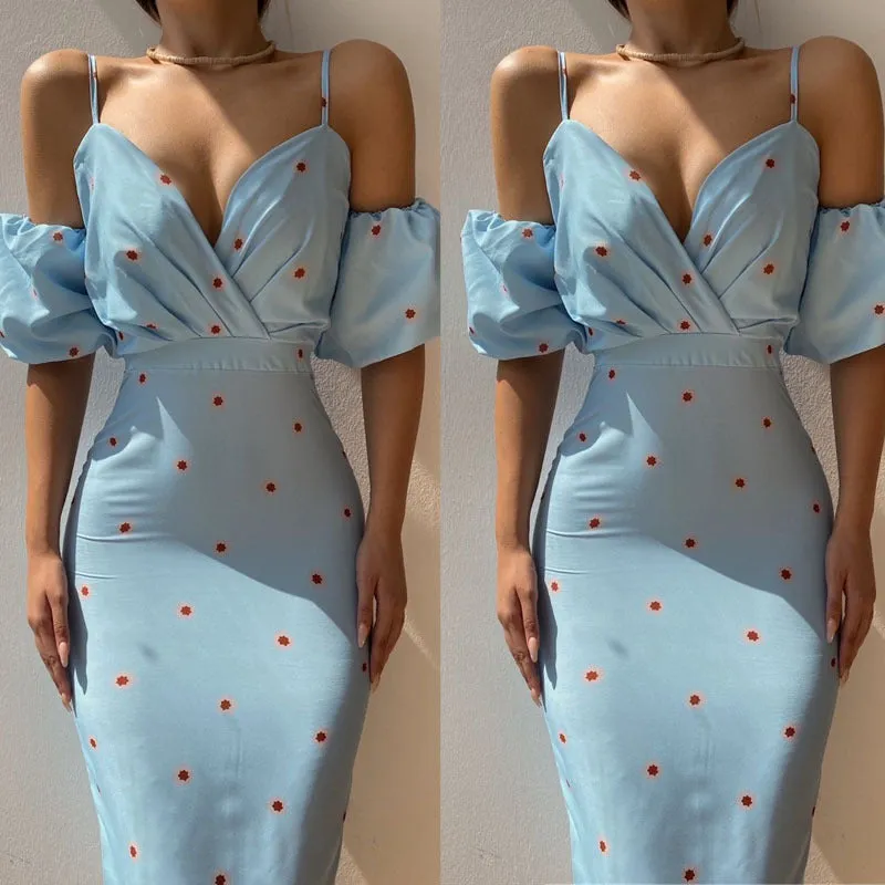 Spring/Summer Floral Print Bubble Sleeve Cami Dress