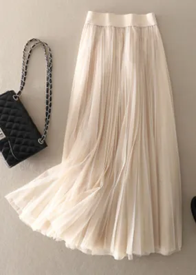 Style Apricot wrinkled Patchwork Tulle pleated skirt Spring