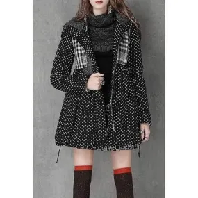 Stylish Hooded Long Sleeve Polka Dot High-Waisted Women's Parka Coat - Black S