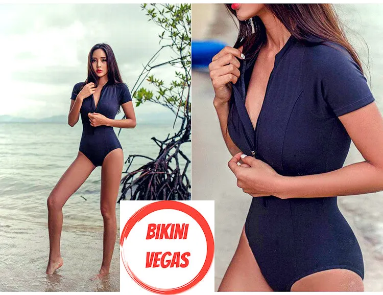 Sukumizu Black One-Piece Swimsuit with Short Sleeves and Front Zipper in Size XS, S, or M